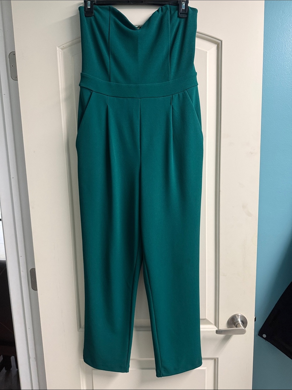 Express Teal Strapless Wide-Leg Jumpsuit